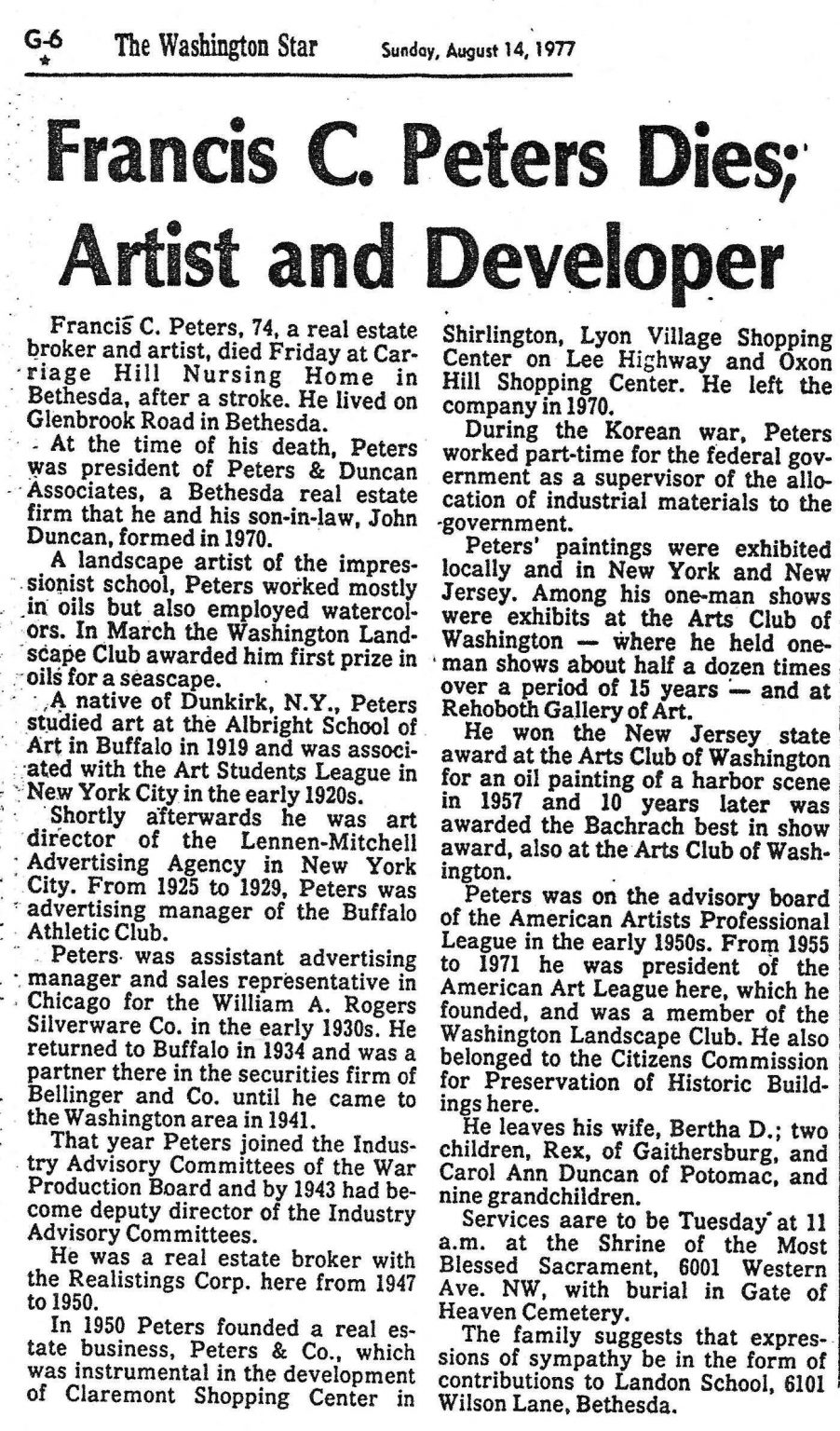 Artist Obituary Francis C. Peters, Painter
